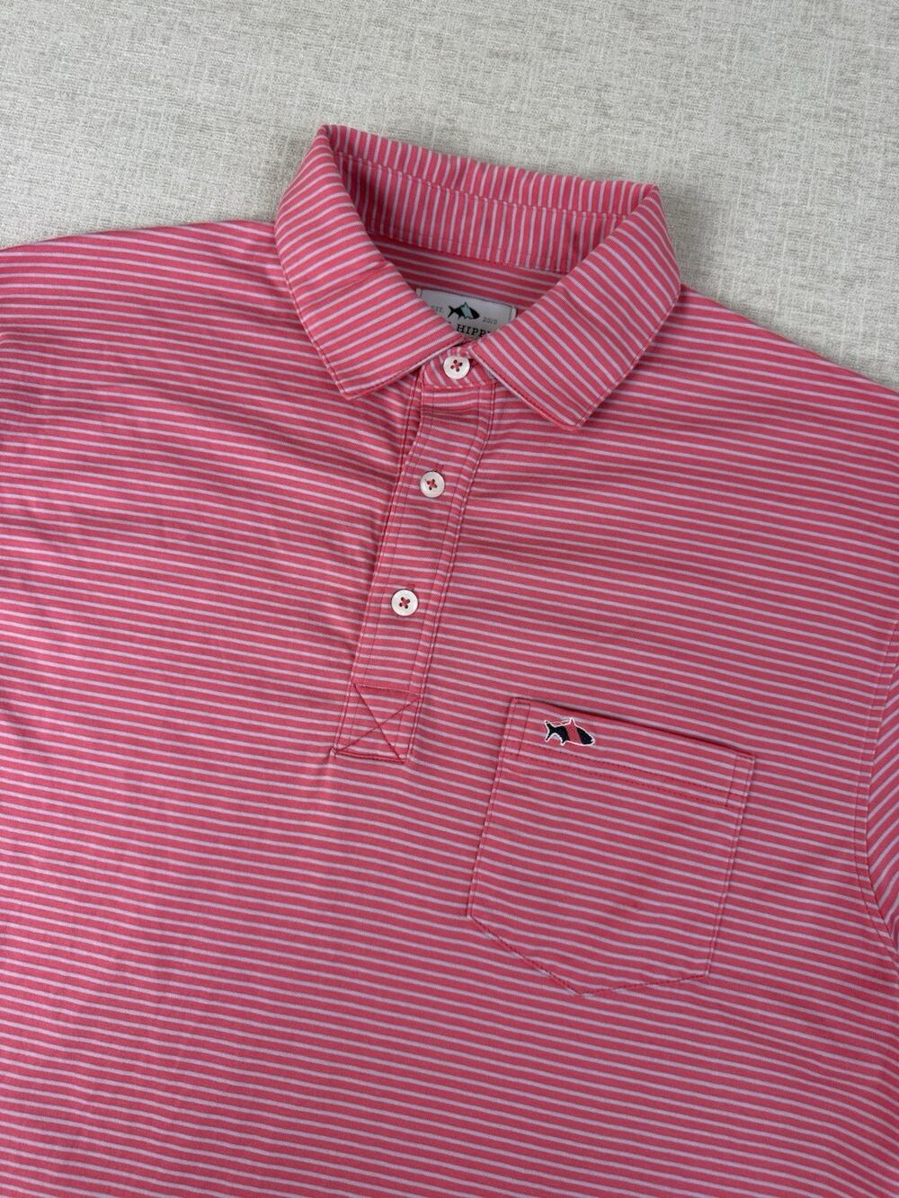 Fish Hippie Pocket Polo Shirt Mens Medium Pink White Striped Stretch Golf